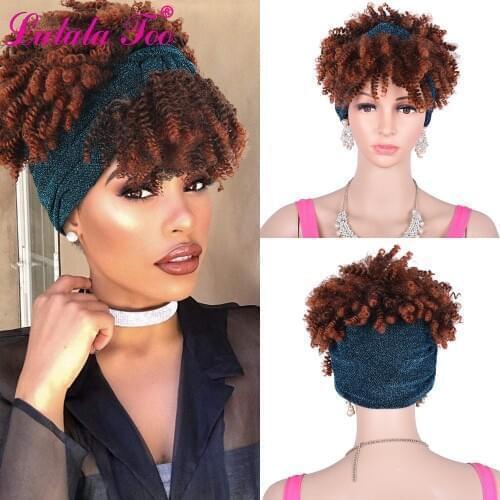 Short Afro Puff Kinky Curly Drawstring Ponytail With Bangs Synthetic Turban Headwrap-2 in 1 Wig for Black Women