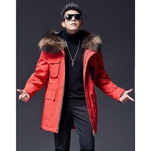New Mens Big Raccoon Fur Collar Winter Parka Real Wool Lining Mans White Duck Down Jacket Male Winter Coats Red man jackets