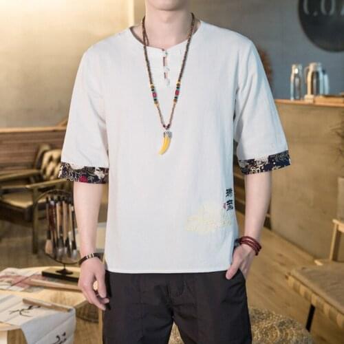 2021 Mens Summer New Five-Quarter Sleeve T-shirt Cotton and Linen Loose Embroidered Short Sleeve T-shirt