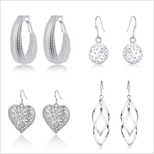 4 pair Earring set silver color fashion elegant charms earrings stamped , women girl wedding Party jewelry set Cute E160