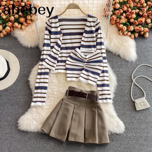 2021 New Spring Autumn Fashion long sleeved short Cardigan + high waist short Pleated Skirt two-piece set with strapless Vest