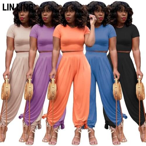 LINLING Solid Short T-shirt with High Waist and Wide Leg Pants Simple Casual Female Loose Two-piece Set
