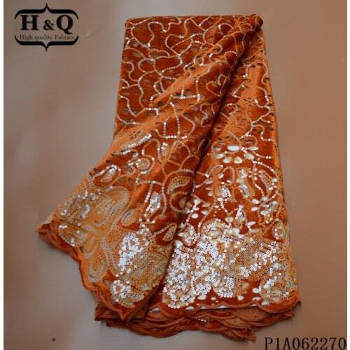 H&Q orange african velvet lace fabric french net mesh embroidery with sequins 5 yards/pcs nigerian laces fabrics for party dress