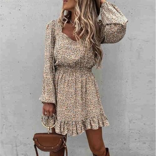 Autumn Long Sleeve Floral Mini Dress Women Casual Square Collar Print Clothes Fashion Slim Short New Ladies Dresses 2020 Spring