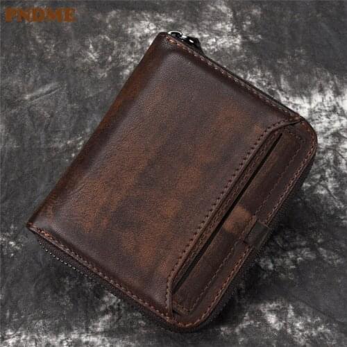 PNDME designer high quality genuine leather mens womens wallet luxury simple cowhide short zipper credit card small coin purse