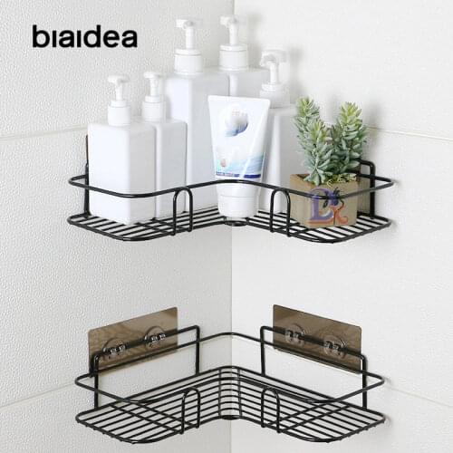 Bathroom kitchen Punch-Free Corner Wall Frame Shower Shelf Wrought Iron Shampoo Storage Rack Holder Free Hook Cosmetic Organizer