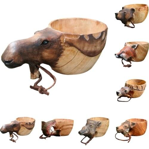 Portable Wood Coffee Mug Hand Carved Animal Head Cup Wooden Tea Milk Cups Water Drinking Mugs Drinkware Premium