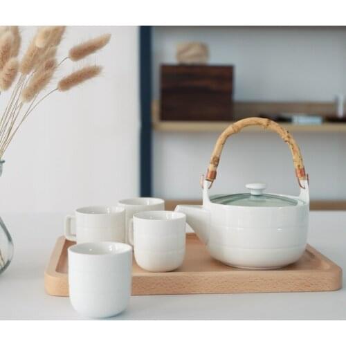 Simple Japanese bamboo handle teapot flower grass tea pot water cup white ceramic tea set glass teaware wooden tray plate