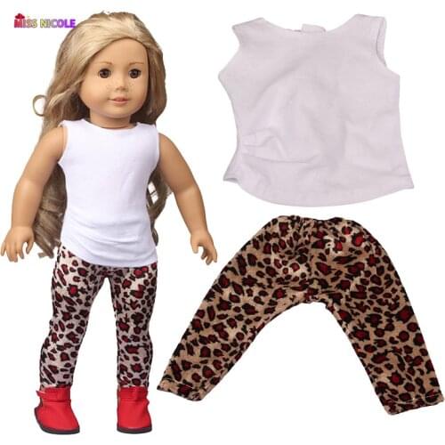 Promotio!Leopard Pattern Pants And White Short Sleeves Doll Accessories Clothes SocksFor 18'' Doll & 43 cm New Born Baby Toys