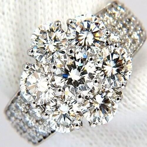 Luxury Silver Color Inlaid Sparkling White Crystal Zirconium Rhinestone Flower Shaped Female Ring for Women Party Jewelry