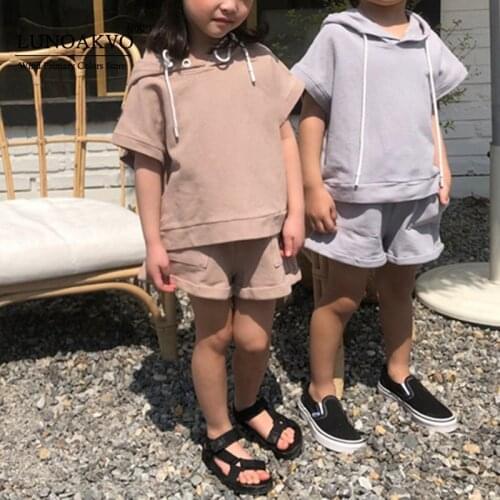 Kids Cotton Clothing Summer Outfits Boys Girls Clothes Sets 2Pcs Hooded Shirt+Solid Shorts Babys Short Sleeved Outwear
