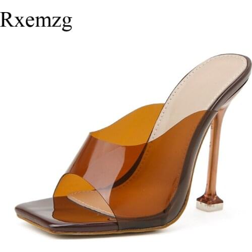 Rxemzg Summer Women Sandals Fashion Coffee PVC Slippers Peep Toe High Heels Women Transparent Perspex Clear Thin Heels Sandals