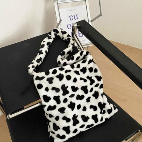 Soft Plush Cow Pattern Women Shoulder Bags Winter Fashion Ladies Fluffy Messenger Bag Large Capacity Girls Student Tote Handbags
