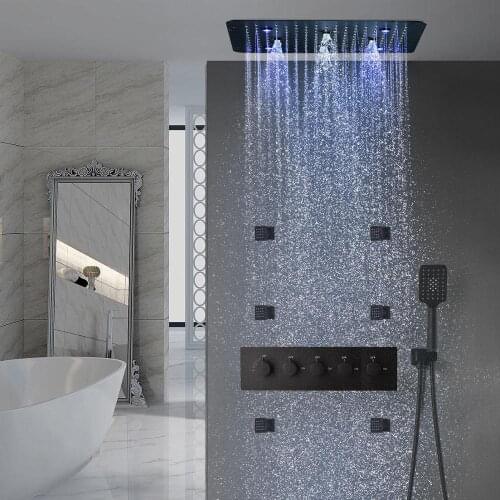 Thermostatic Concealed Shower Black Ultra-thin Stainless Steel Top Spray LED Colorful Changing Colors Multifunctional Shower