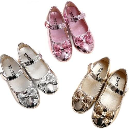 Students Dancing Shoes Princess Kids Leather Shoes for Girls Flower Casual Glitter Children High Heel Girls Shoes Butterfly Knot