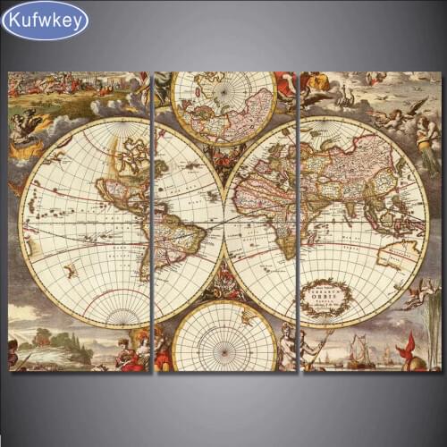 Vintage 5D Diy diamond painting full diamond Embroidery bead Needlework home decoration painting world map set triptych wall art