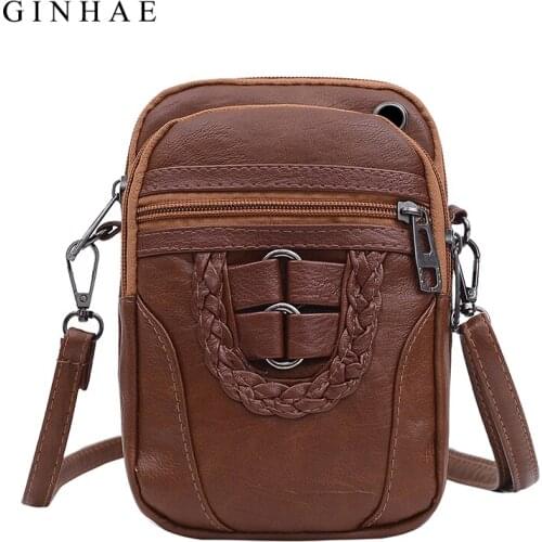 Vintage PU Leather Shoulder Bag Multiple Pockets Messenger Bags Solid Color Coin Purse Female Cell Phone Holder Bag High Quality