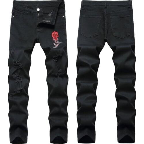 2021 High Quality Men’s Rose Embroidery Jeans,Light Luxury Stretch Denim Pants,Ripped Street Jeans,Youth Cool Must