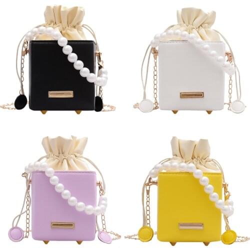 Fashion Square Box Crossbody Bags Women PU Leather Pearl Chain Mini Shoulder Purse Drawstring Female Sling Messenger Totes Handb