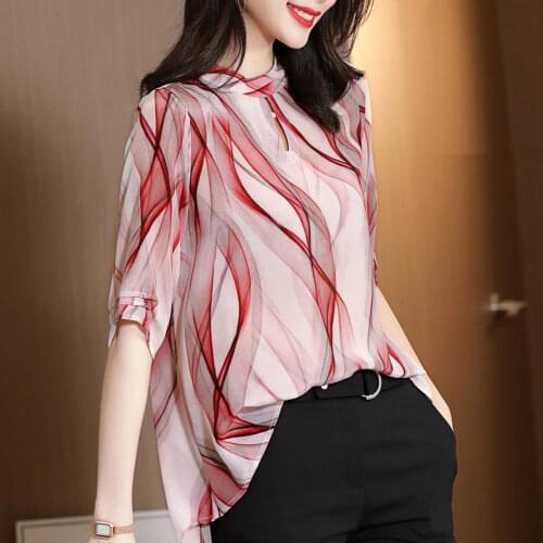 Printed Loose Chiffon Women Blouse Summer New Design 2021 O-Neck Half Sleeved Elegant Office Lady Pulls Tops Tees