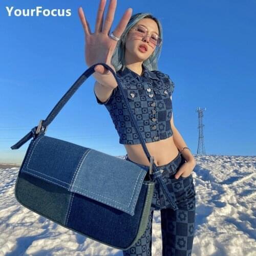 Bolsa feminina Y2k Punk Retro Denim Splicing Blue Handbags For Women Baguette Underarm Bags Designer Bag Punk Top Handle Bags