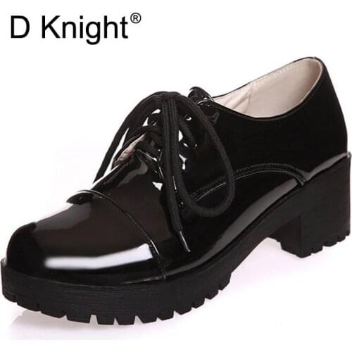 Patent Leather Women Oxfords Fashion Lace-up Round Toe Pumps Shoes Woman Creppers Plus Size 34-43 Oxford Shoes For Women Black