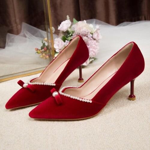 Spring and Autumn New Suede Pointed Shallow Mouth High Heels Temperament Wedding Shoes Large Size 34-40 Womens Shoes