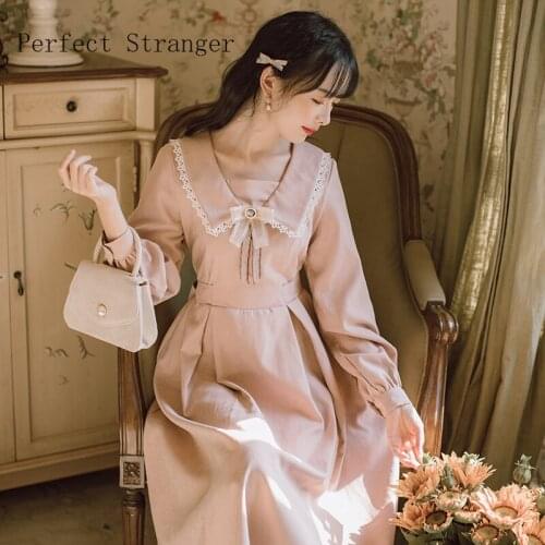 2021 Autumn New Arrival High Quality Retro Peter Pan Collar Bowknot Solid Color Lady Clothing Collect Waist Women Long Dress