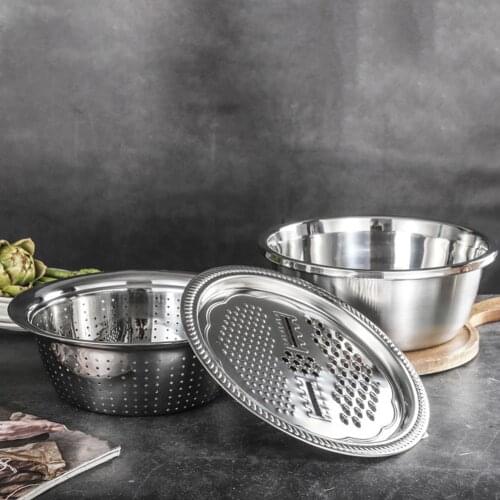 3Pcs/Set Grater Strainer Sieve Basin Washing Bowl Set Vegetable Cutter Stainless Steel Kitchen Tool for Knead Dough Salad