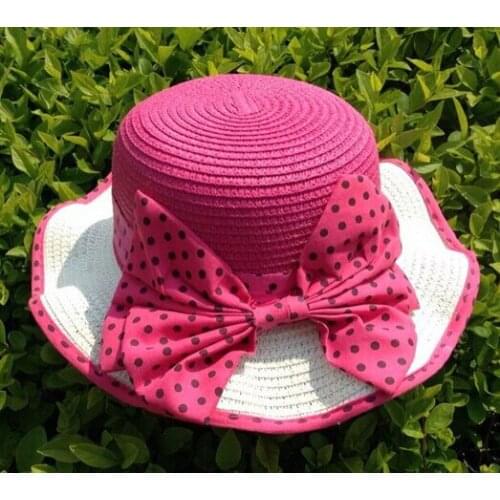 50pcs/lot Dot bow wave tide straw hat girl summer sun cap beach sun hat children summer straw hat