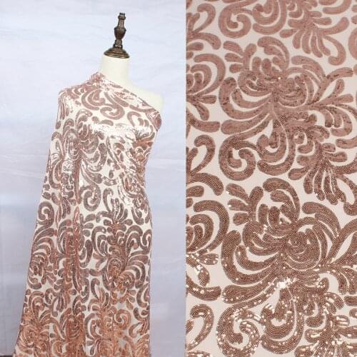 Glitzy Rose gold stretch mesh sequin embroidery elastic lace fabric for wedding dress party events 50" wide 1 yard