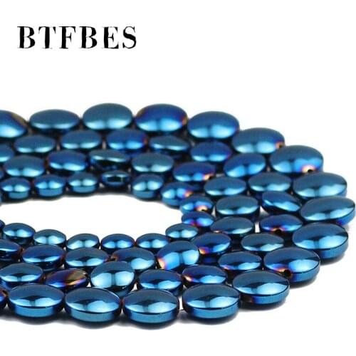 BTFBES 6/8/10mm Blue Flat Round Coin Hematite Natural Stone Spacer Charm Loose Beads For Jewelry Making DIY Bracelet Earrings