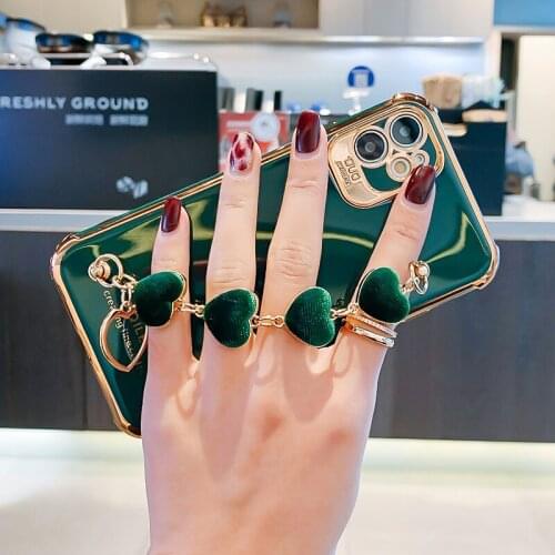 Flannel Heart Bracelet Phone Case for iPhone 12 Pro Max Mini Luxury Plated Gold Case for iPhone 11 Pro XS Max SE 8 7 6 Plus XR X