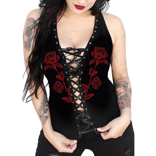 Black Red Pink Women Rose Flower Print Gothic Clothing Tank Top Waist 2021 Summer Sexy Sleeveless Bandage Y2k Top Plus Size Vest