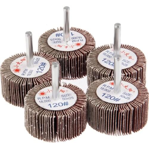 DRELD 5Pcs Dremel Accessories Grinding Buffing Sandpaper Flap Wheel Head 50mm +Mandrel 6mm for Rotary Tool Mini Drill 120-Grit