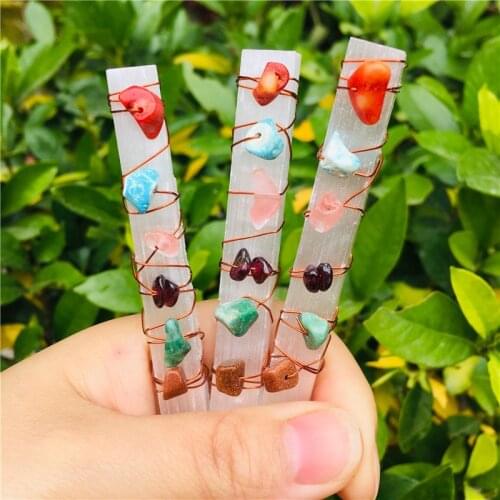 Chakra Healing Crystals Stones Beads Wire Wrapped Raw Selenite Stick Wand for Yoga Meditation