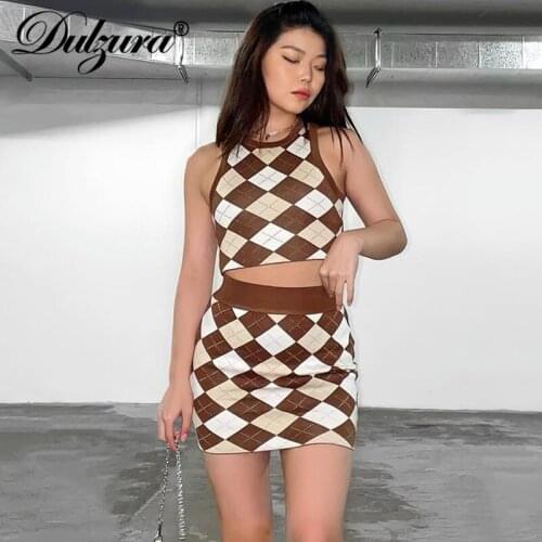 Dulzura 2021 Autumn Winter Women Plaid Print 2 Pieces Crop Tanks Mini Skirt Set Skinny Sexy Streetwear Party Club Y2K Outfit