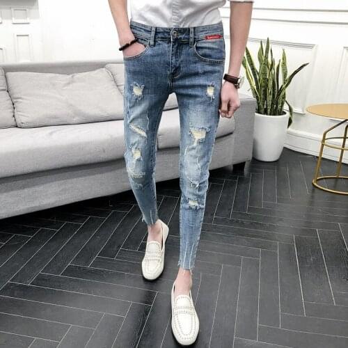 Hot 2021 Denim Jeans mens Korean style youth stylist pants guys ripped holes trendy personality slim feet ankle length pants