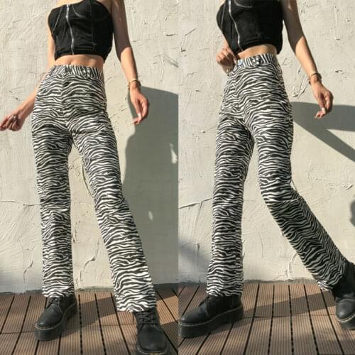 Fashion Zebra Pattern Women Pants High Waist Wide Leg Pants Button Long Trousers Bell Bottom Black White Casual Sports Pants