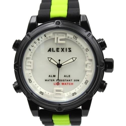 ALEXIS BRAND Mens Watches Alarm BackLight Water Resist Silicone Black with Green tone Band Analog Digital led Watch montre homme