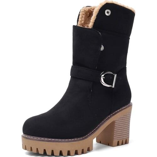 2020 New Xi Shi Velvet Belt Buckle High-Heeled Ankle Boots Thick-Heeled TPR Frosted Leather Metal Buckle Wool Warm Shoes
