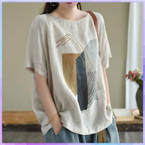 Retro Geometric Print Oversized T-shirt Pattern Cotton And Linen Top Casual Loose short-sleeved Womens Tee Shirt 2021 Plus Size