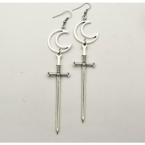 Crensent Moon Earrings-Victorian-Large Sword Earrings-Gothic-silver plated-Dark-Witchy-Goddess-Goth-Dangle Earrings