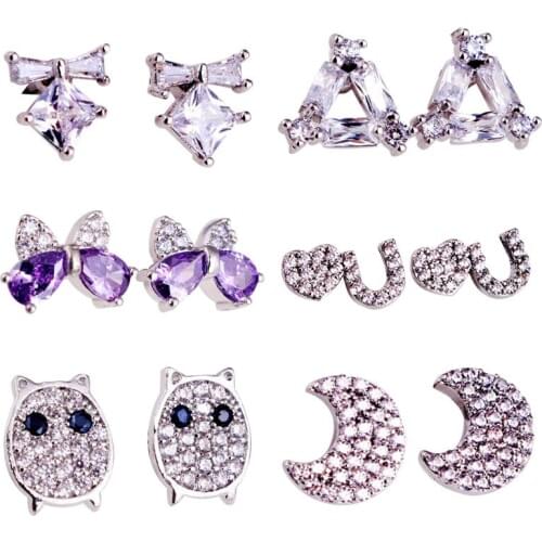 Moon Owl shaped Stainless steel Earrings Zircon For Women Girls High Grade Mini Stud Ear Jewelry Birthday Gifts 2 pieces