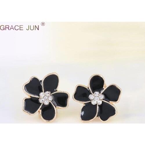 GRACE JUN Rheinstone Enamel Flower Shape Clip on Earrings Without Piercing for Girls Party Cute No Hole Ear Clip Charm Jewelry
