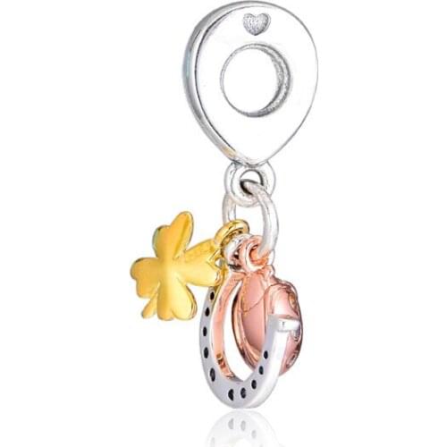Mixed Metal Horseshoe Clover and Ladybird Hanging Charm Fits Charms Bracelets For Woman DIY Jewelry Making Sterling Silver Beads
