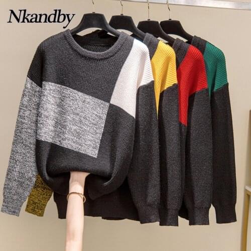 Nkandby Plus Size Color Block Sweaters Women 2021 Autumn Long Sleeve Knitted Pullovers Round Neck Large Knitwear Female Tops