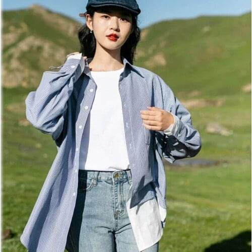 Zadily 2021 Autumn Women Long Sleeve Striped Splicing Casual Blouse Turn-down Collar Button Shirt Fashion Casual Shirts