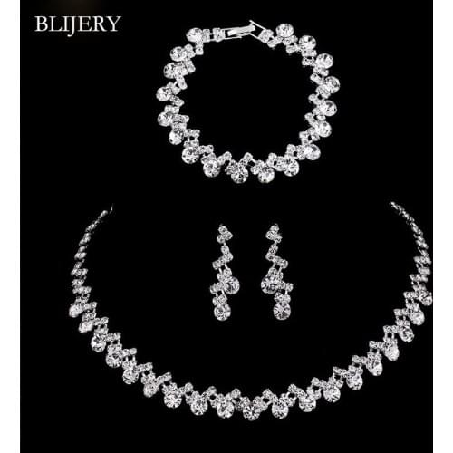 BLIJERY Sparkling Crystal Bridal Jewelry Sets Rhinestone Choker Necklace Earrings Bracelet Set for Women Wedding Jewelry Set