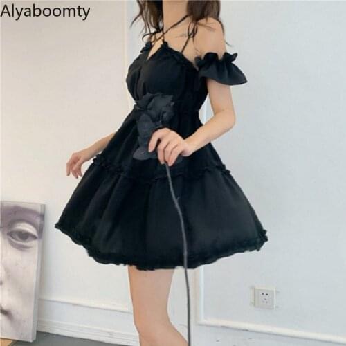 New Gothic Summer Women Black Mini Dress Cross V Neck Bandage Off Shoulder Party Dress Cute Kawaii Ruffles Backless Lolita Dress